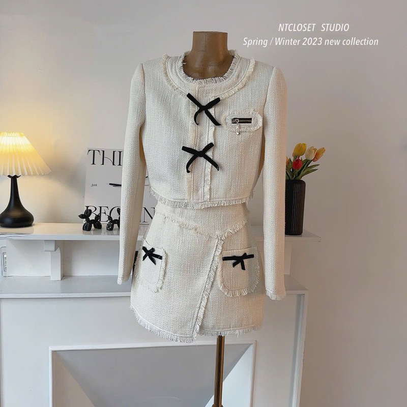 Set dạ tweed đính nơ