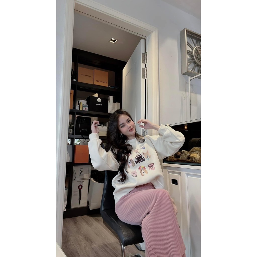 Set Áo Nỉ Be Mix Chân Váy Nhung Hồng Dáng Dài, Hàng Sịn