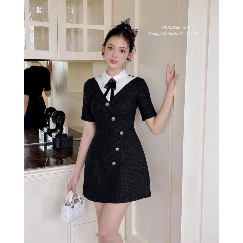 Váy dạ tweed kim sa cổ nơ