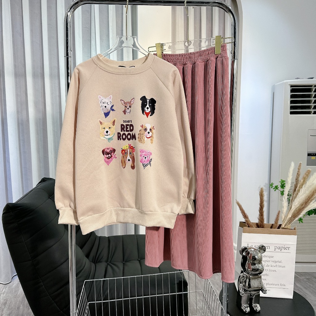 Set Áo Nỉ Be Mix Chân Váy Nhung Hồng Dáng Dài, Hàng Sịn