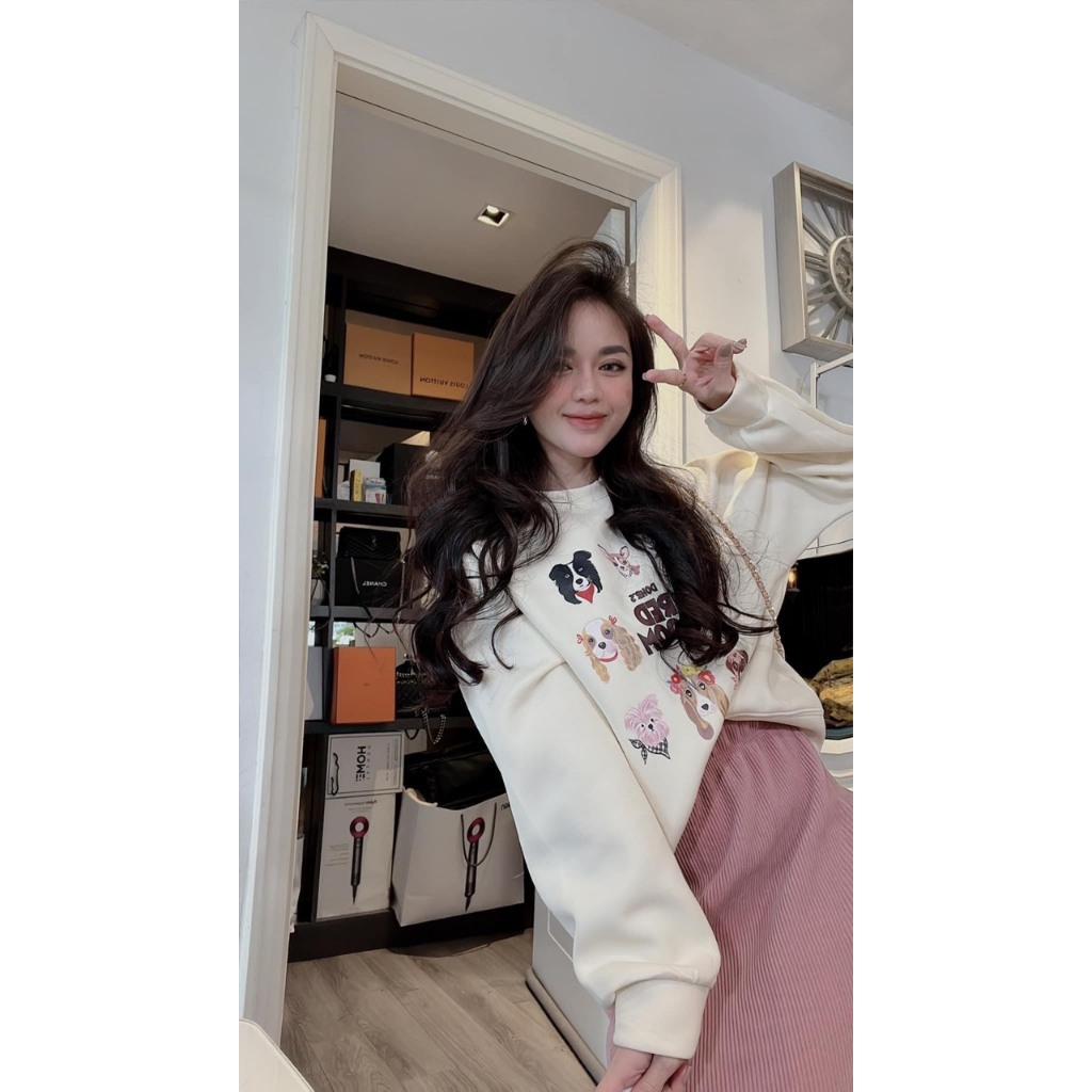 Set Áo Nỉ Be Mix Chân Váy Nhung Hồng Dáng Dài, Hàng Sịn