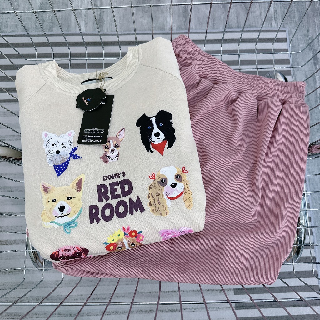 Set Áo Nỉ Be Mix Chân Váy Nhung Hồng Dáng Dài, Hàng Sịn