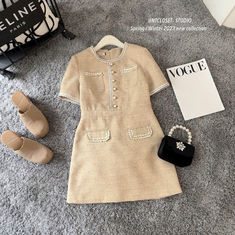 Váy dạ tweed chạy viền đan tết be nâu