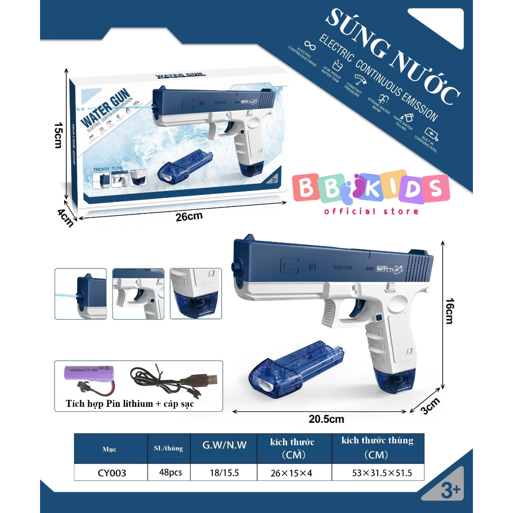 Đồ Chơi Súng Phun Nước BBKIDS Mẫu Sung Cơ M1911 Mini Cho Bé Và Glock 18 Sạc Pin, Hộp Màu Quốc Tế Cao Cấp, Tặng 1 Bình To