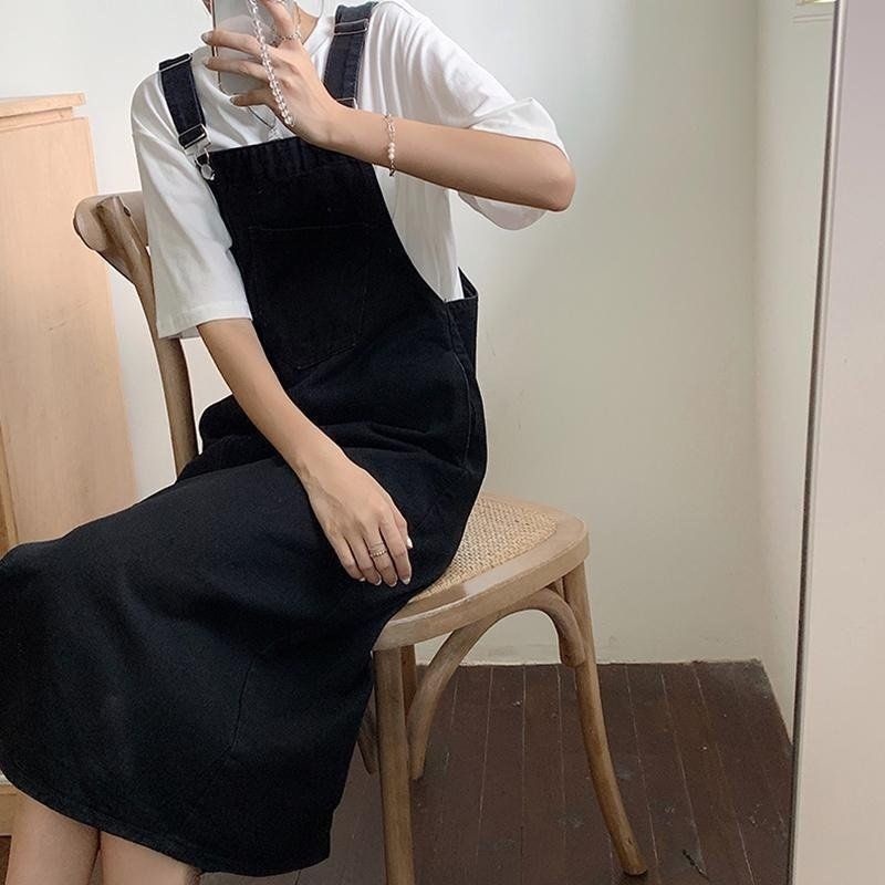 Váy yếm jean nữ dáng dài xẻ trước phối túi lớn trước ngực dịu dàng nữ tính phong cách Hàn Quốc V01