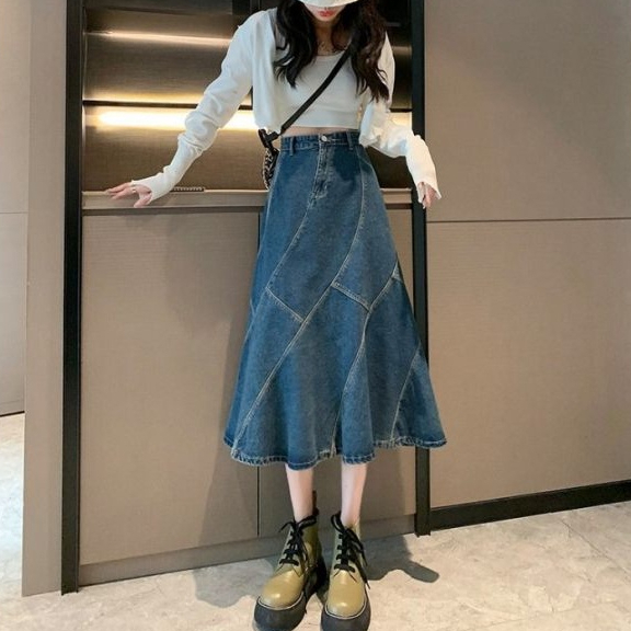 Chân Váy Jeans dáng dài đường gân nữ tính đậm chất hàn quốc V02