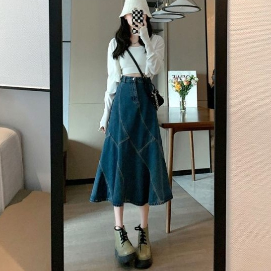 Chân Váy Jeans dáng dài đường gân nữ tính đậm chất hàn quốc V02