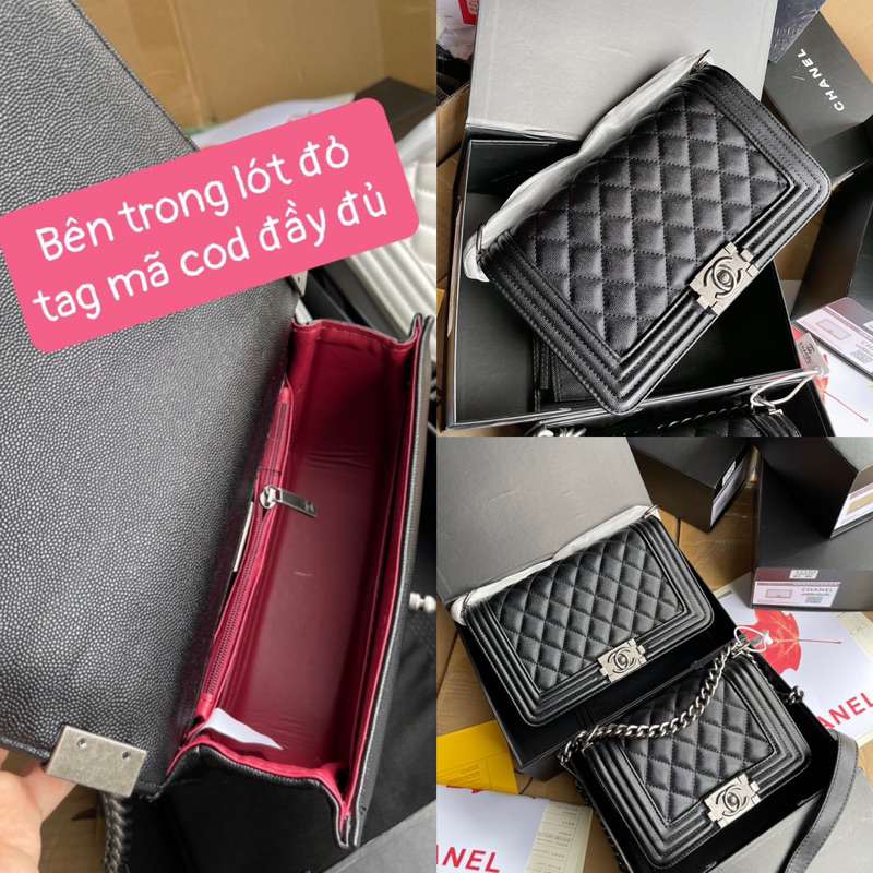 Túi boy size 20-25 tag bạc da sần box nam châm