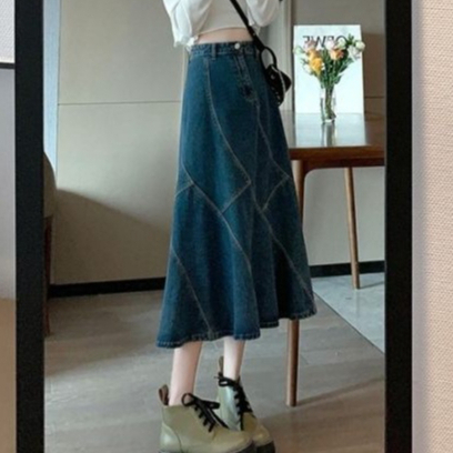Chân Váy Jeans dáng dài đường gân nữ tính đậm chất hàn quốc V02