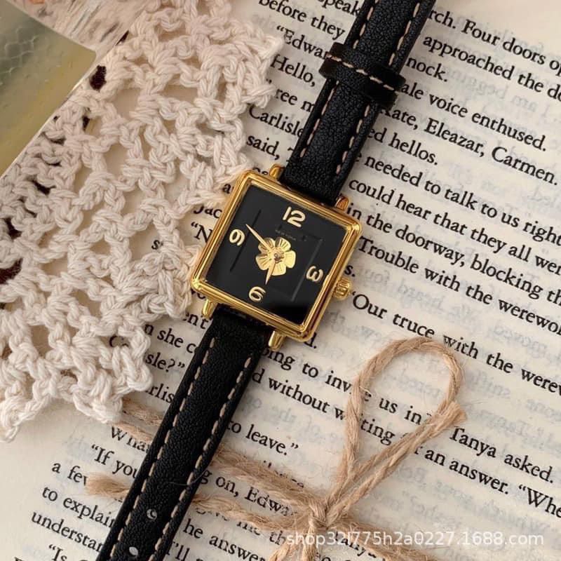 Đồng Hồ Nữ Mặt Hoa Trà, Dây Da Màu Đen Siêu Sang