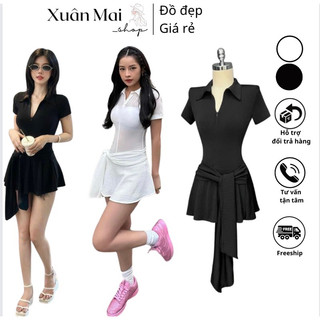 Đầm thun ôm nữ form ngắn cổ sơ mi cột eo đuôi xòe khoá ngực phong cách y2k hai màu đen trắng