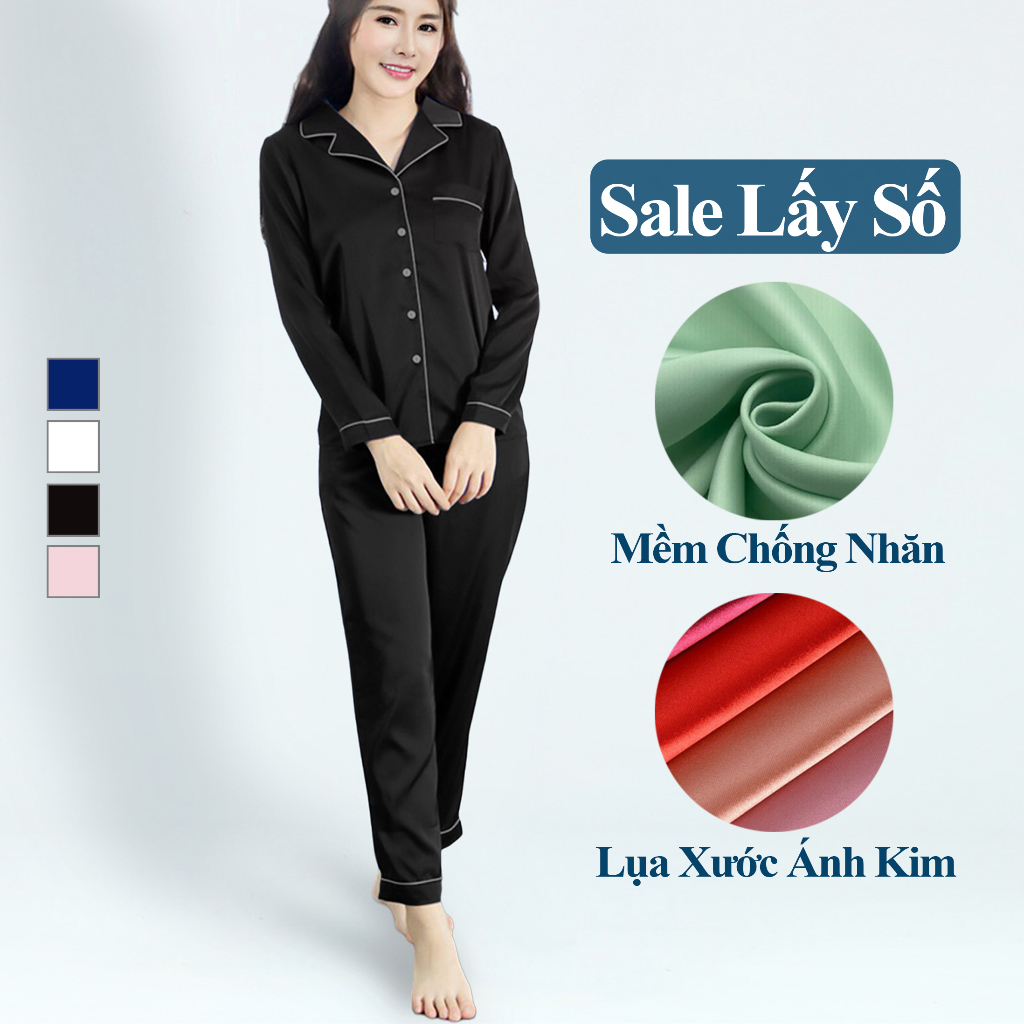 Pijama Lụa Dài Tay Mặc Nhà Nữ Phối Viền Lụa Xước Hàn Cao Cấp, Đồ Bộ Pijama Mặc Nhà Nữ Dài Tay Lụa Xước Hàn Mềm Mịn