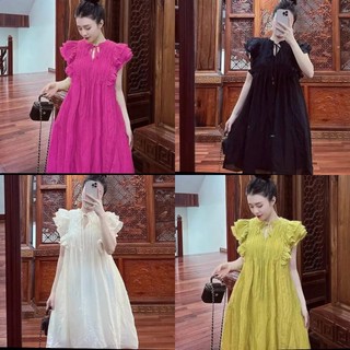 Đầm Tơ Tay Nhún Bèo dáng suông tiểu thư