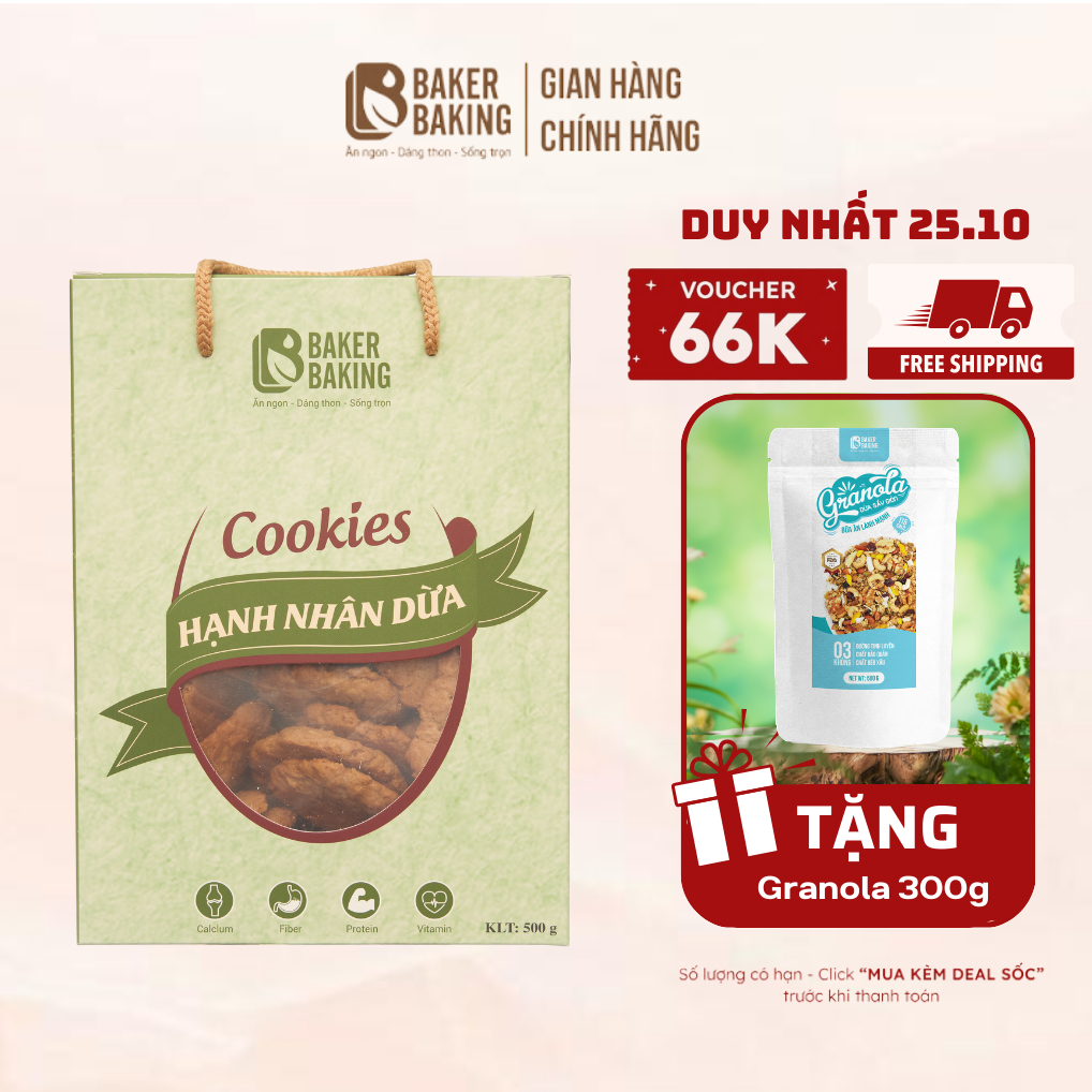 Bánh quy hạnh nhân vị dừa không đường Baker Baking, bánh ăn kiêng nguyên cám cho mẹ bầu, người tiểu đường ăn vặt healthy