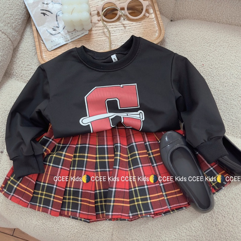 10-23kg set áo chữ C cổ sơ mi mix chân váy kẻ, quần áo thu đông dài tay cho bé gái