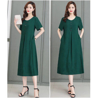 Đầm nữ dáng suông cổ tròn phối nút thanh lich