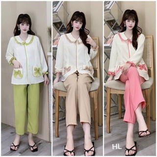 Sét bộ pyjama xốp gân cổ bèo túi nơ tay dài quần dài