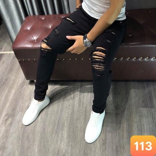 Quần jeans nam boy phố rách gối màu đen đậm trơn chất bò cao cấp co dãn 4 chiều form dáng skinny Lavado 113 mới