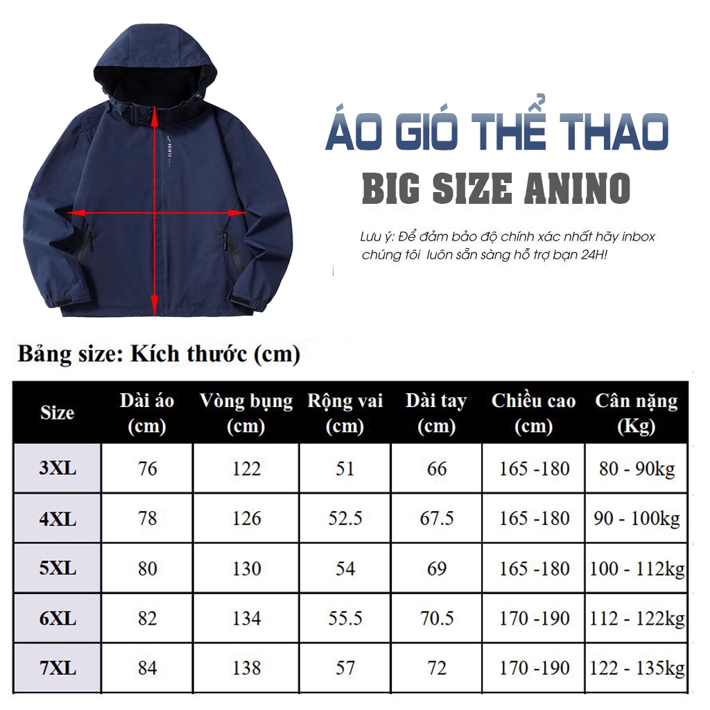 Áo Khoác Big Size Nam ANINO , Áo Khoác Gió Nam Bigsize vải Dù 2 Lớp Chống Gió Chống Nước cho người béo, mập