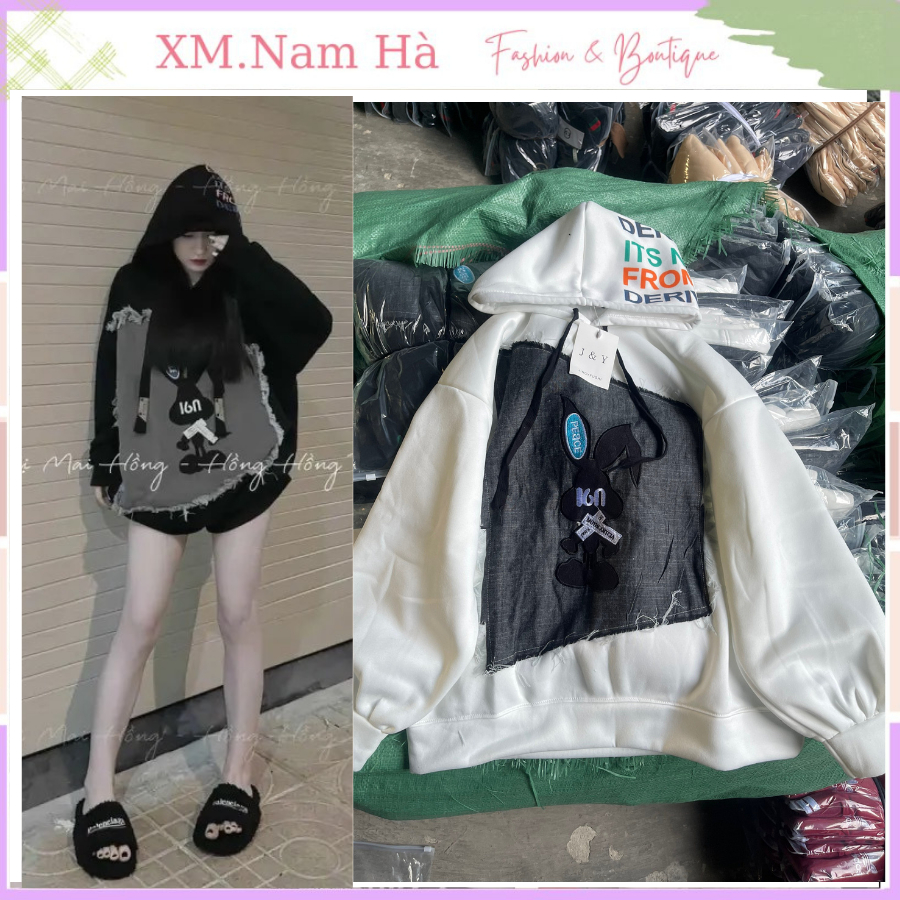 Hoodie nữ hình thỏ phối vải bò siêu xinh, áo hoodie chất nỉ ngoại dày dặn