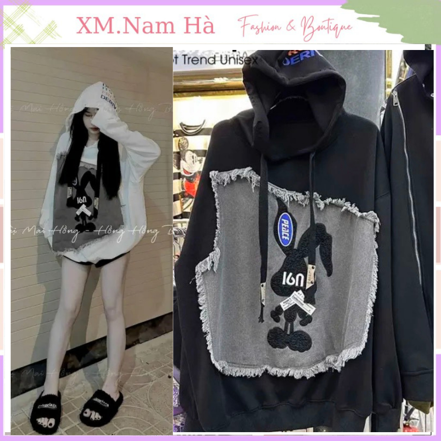 Hoodie nữ hình thỏ phối vải bò siêu xinh, áo hoodie chất nỉ ngoại dày dặn