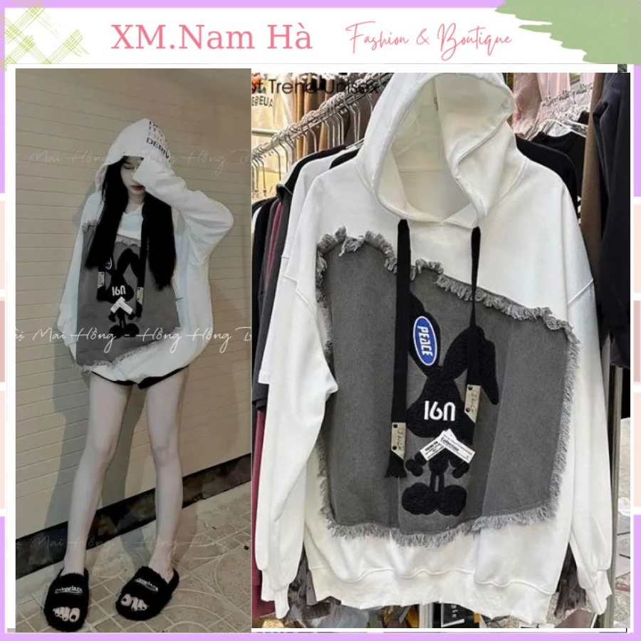 Hoodie nữ hình thỏ phối vải bò siêu xinh, áo hoodie chất nỉ ngoại dày dặn