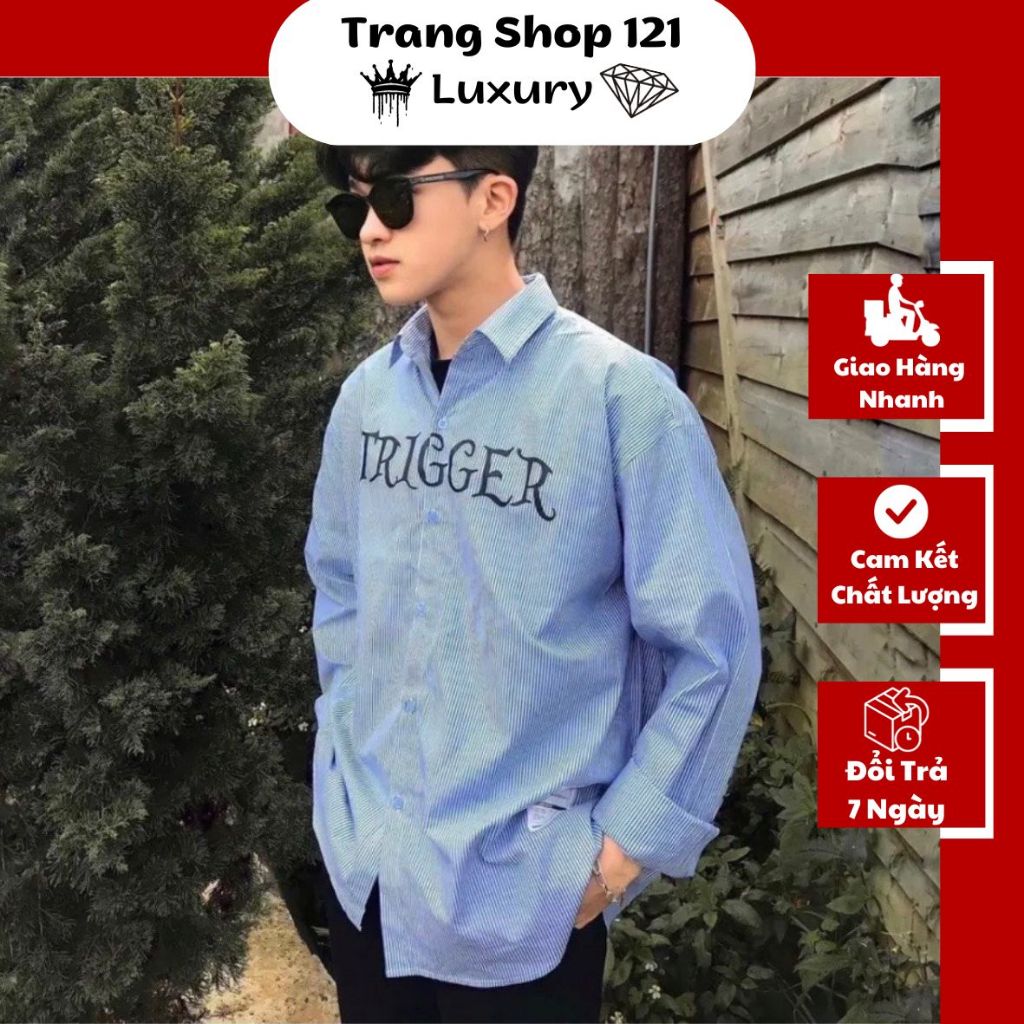 Áo Sơ Mi Màu Xanh Kẻ Sọc In Chữ Trigger Phong Cách Hotboy