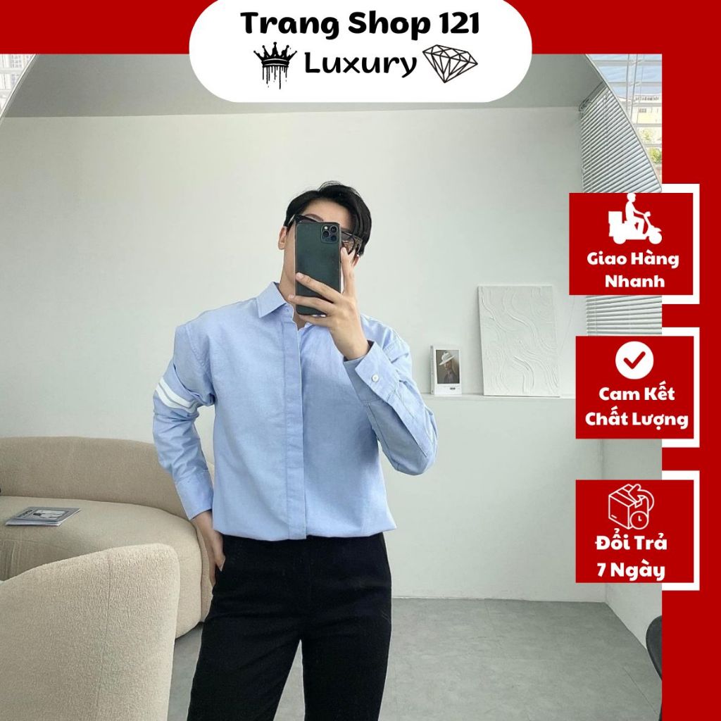 Áo Sơ Mi dài tay , áo sơ mi kẻ xanh họa tiết kẻ sọc 2 vạch cánh tay