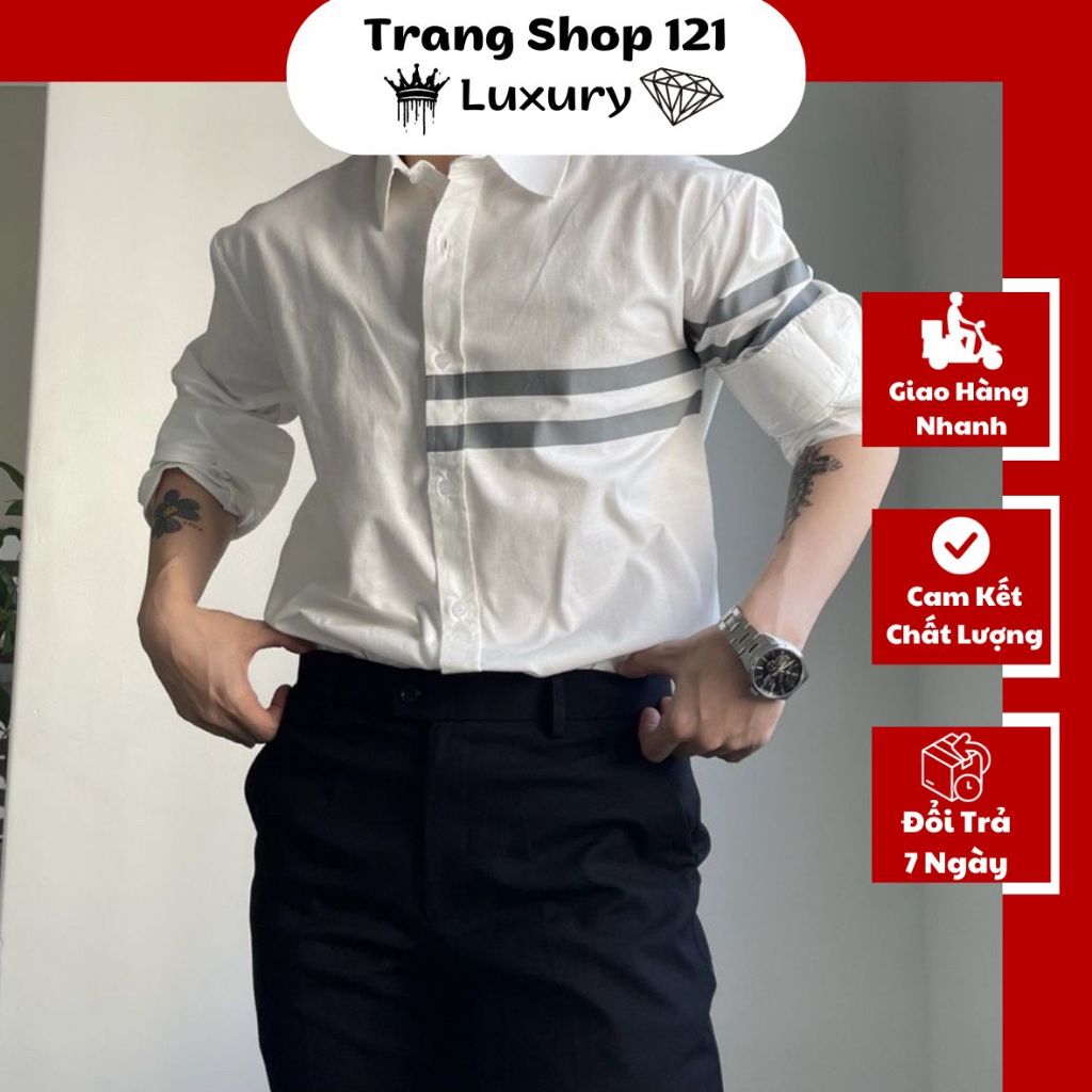 Áo Sơ Mi Tay Dài Họa Tiết Kẻ Ngang Từ Cánh Tay Sang Ngực