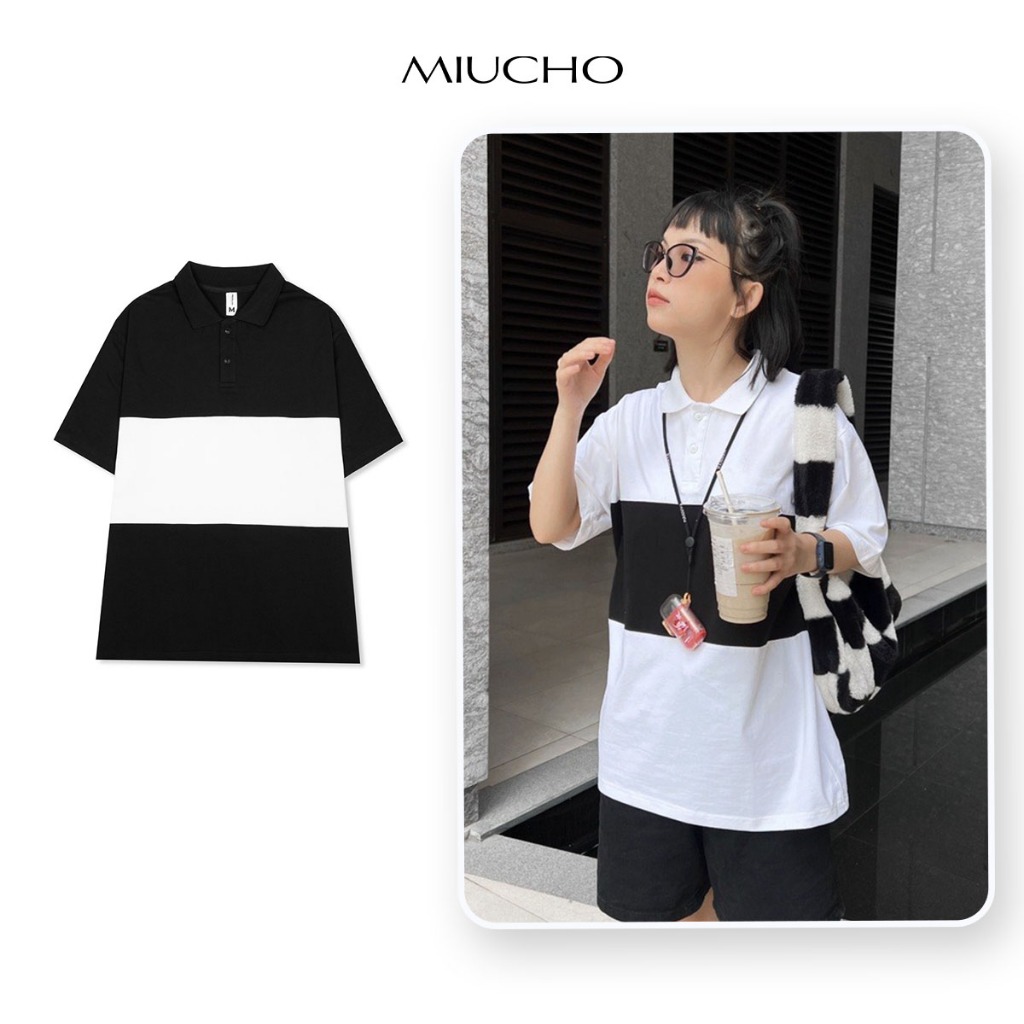 Áo polo trơn nữ form rộng phối ngang PPT01 Miucho vải cotton cổ trụ in basic