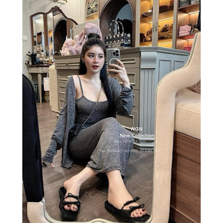 SET tiêu 3 món gồm áo 2 dây + chân váy dáng dài ôm kèm áo CARDIGAN siêu HOT S3525