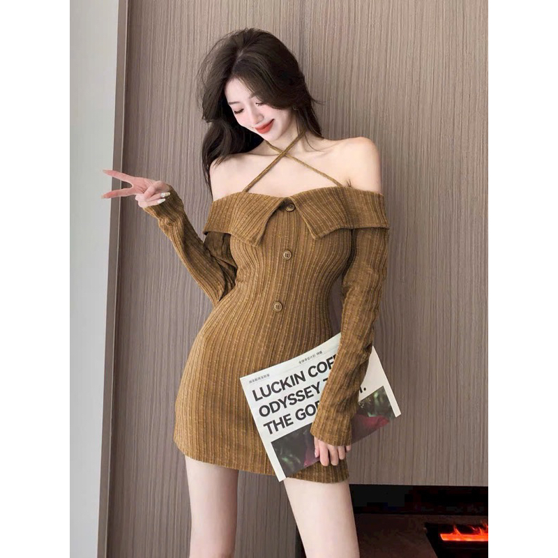 Váy đầm len gân body trễ vai mix dây yếm hàng QC