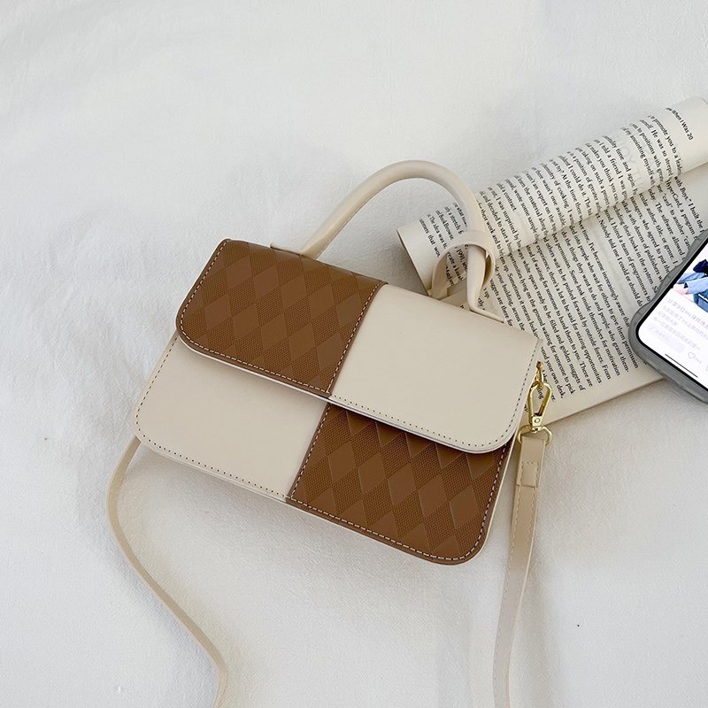 Túi quai xách nữ kèm dây đeo chéo vân hình thoi phối màu dễ thương size 22cm mẫu mới thời trang hàn quốc