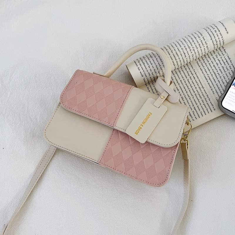Túi quai xách nữ kèm dây đeo chéo vân hình thoi phối màu dễ thương size 22cm mẫu mới thời trang hàn quốc