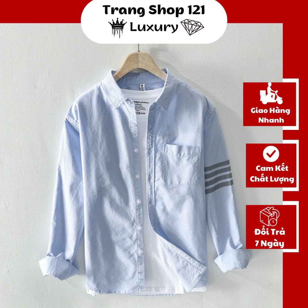Áo Sơ Mi Xanh Basic Kẻ Sọc Tay Chất Kaki , Áo Sơ Mi Nam Hot Năm 2023