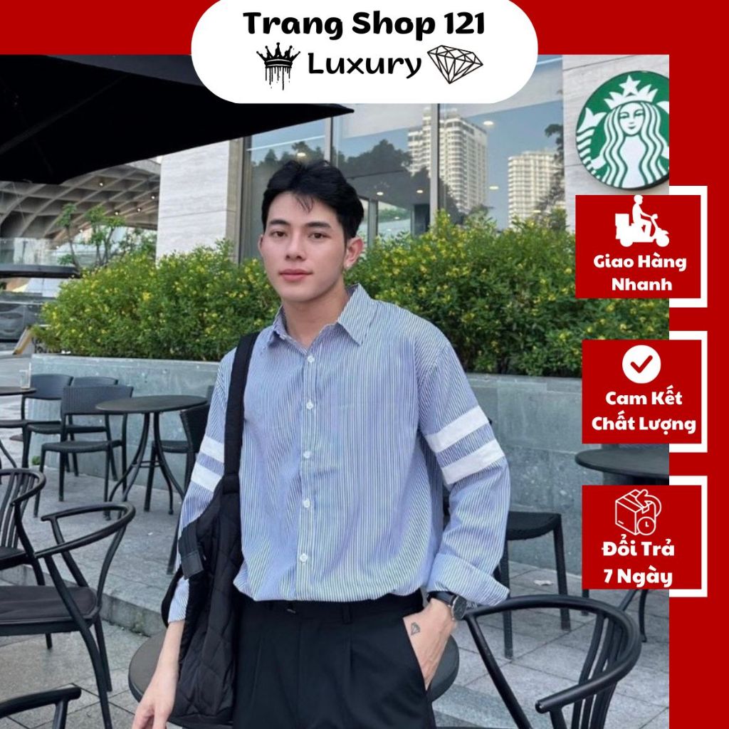 Áo Sơ Mi Nam Tay Dài Họa Tiết Kẻ Ngang Cánh Tay Trẻ Trung