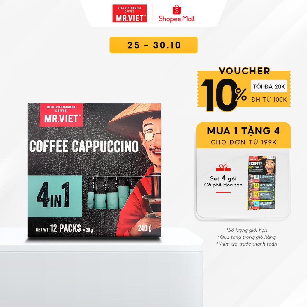 Cà phê hòa tan Cappucino 4in1, vị đậm đà, béo của sữa, ngọt ngào của kem - MR.VIET Coffee (12 gói/ hộp x 20gr)