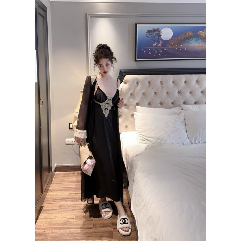 SP.472 Set váy hai dây lụa kèm áo choàn von LYLY cao cấp dáng dài có kèm đệm