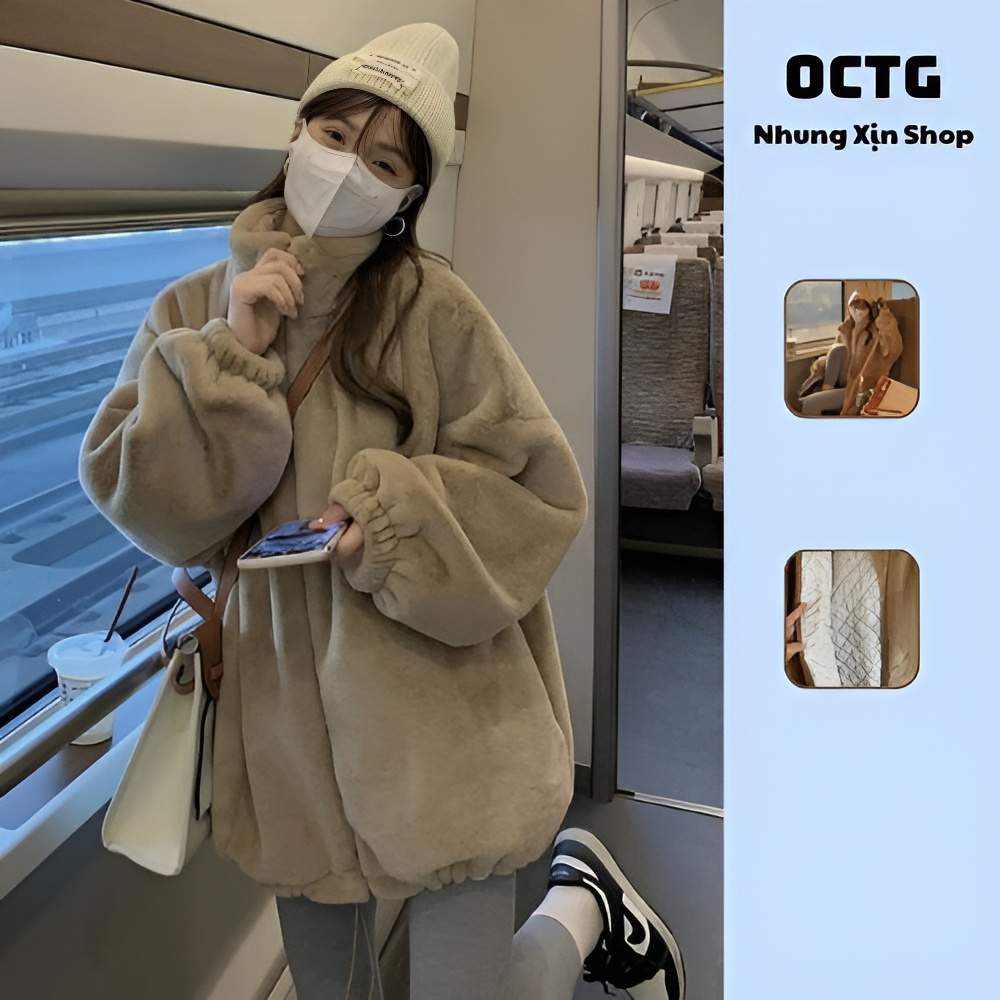 Áo khoác lông thỏ unisex nam nữ trần phao màu nâu TAY CHUN siêm mềm mịn ấm áp phong cách Hàn Quốc
