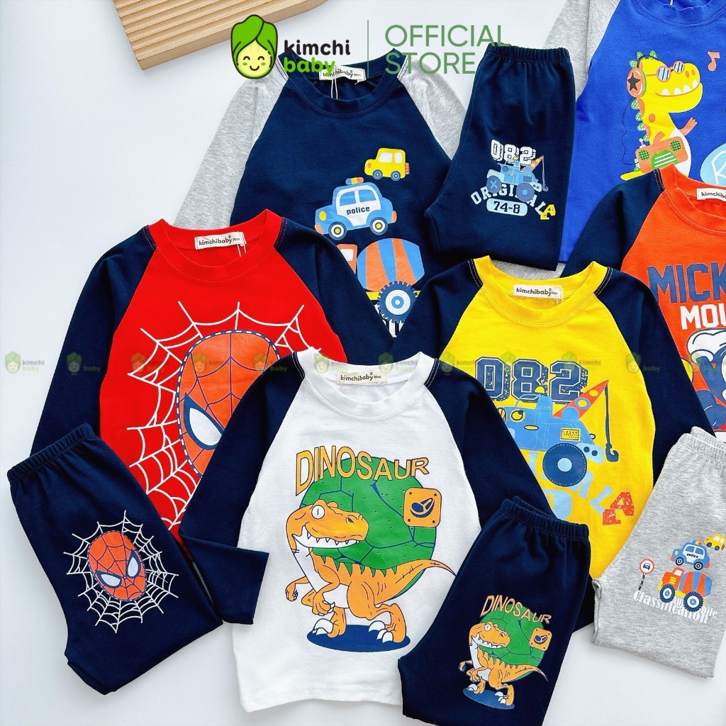 Bộ Dài Tay Cho Bé Trai KIMCHIBABY Vải Cotton Dư Xịn Hoạ Tiết Khủng Long Tay Giáp Lăng, Đồ Bộ Cho Bé Mặc Nhà KCTD320