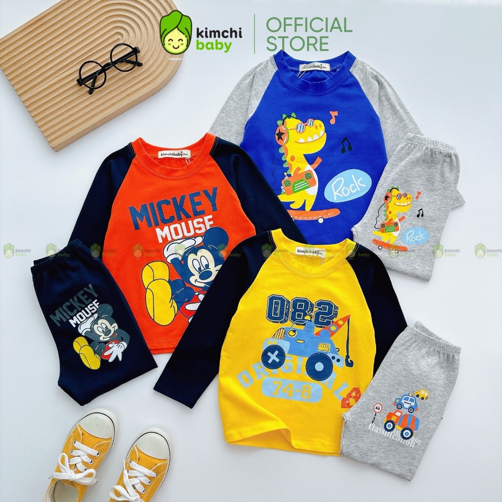 Bộ Dài Tay Cho Bé Trai KIMCHIBABY Vải Cotton Dư Xịn Hoạ Tiết Khủng Long Tay Giáp Lăng, Đồ Bộ Cho Bé Mặc Nhà KCTD320