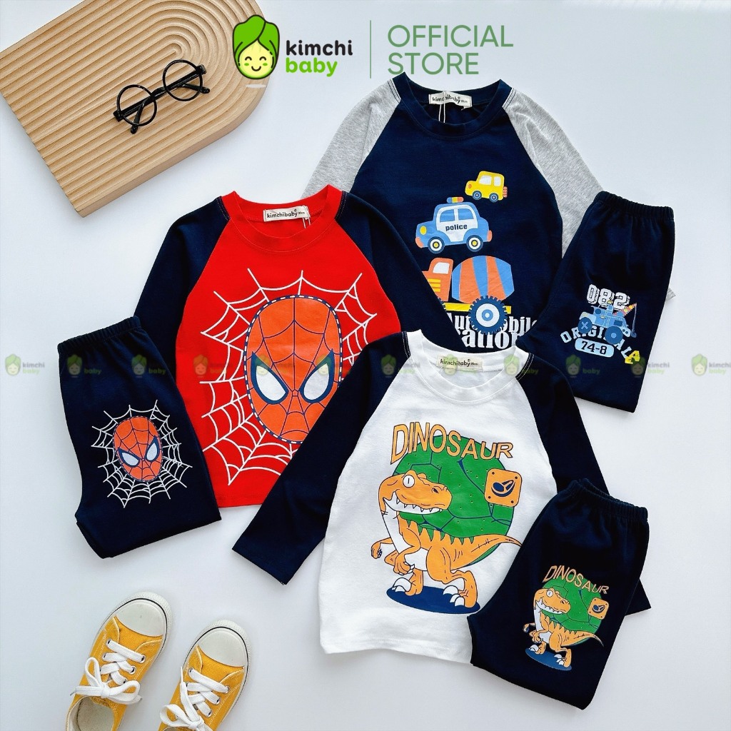 Bộ Dài Tay Cho Bé Trai KIMCHIBABY Vải Cotton Dư Xịn Hoạ Tiết Khủng Long Tay Giáp Lăng, Đồ Bộ Cho Bé Mặc Nhà KCTD320