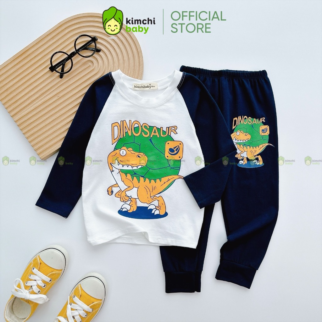 Bộ Dài Tay Cho Bé Trai KIMCHIBABY Vải Cotton Dư Xịn Hoạ Tiết Khủng Long Tay Giáp Lăng, Đồ Bộ Cho Bé Mặc Nhà KCTD320