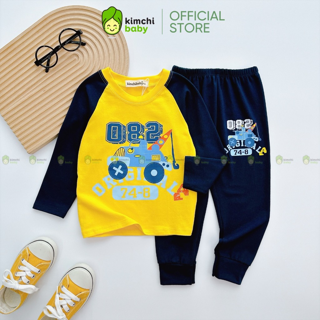 Bộ Dài Tay Cho Bé Trai KIMCHIBABY Vải Cotton Dư Xịn Hoạ Tiết Khủng Long Tay Giáp Lăng, Đồ Bộ Cho Bé Mặc Nhà KCTD320