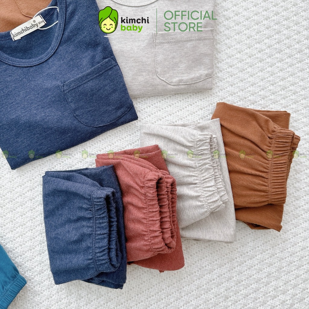 Đồ Bộ Cho Bé Trai, Bé Gái KIMCHIBABY Vải Cotton Hoạ Tiết Túi Ngực Basic, Bộ Dài Tay Cho Bé Mặc Thu Đông KCTD321