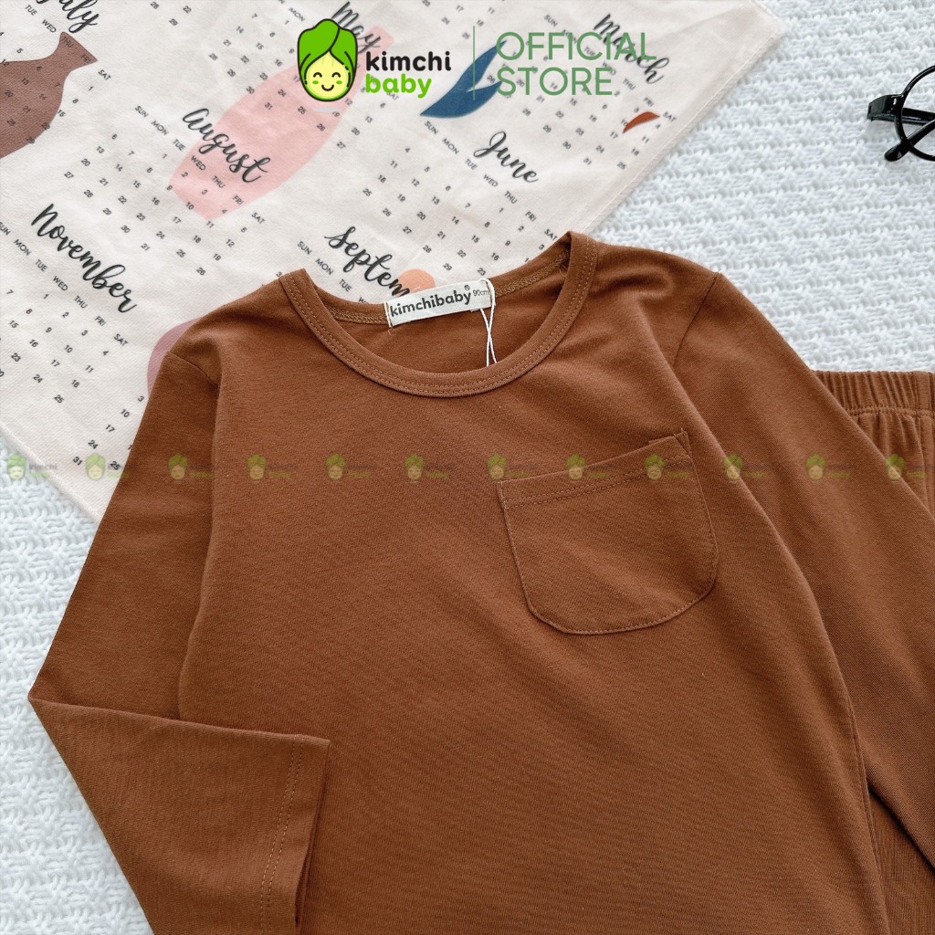 Đồ Bộ Cho Bé Trai, Bé Gái KIMCHIBABY Vải Cotton Hoạ Tiết Túi Ngực Basic, Bộ Dài Tay Cho Bé Mặc Thu Đông KCTD321