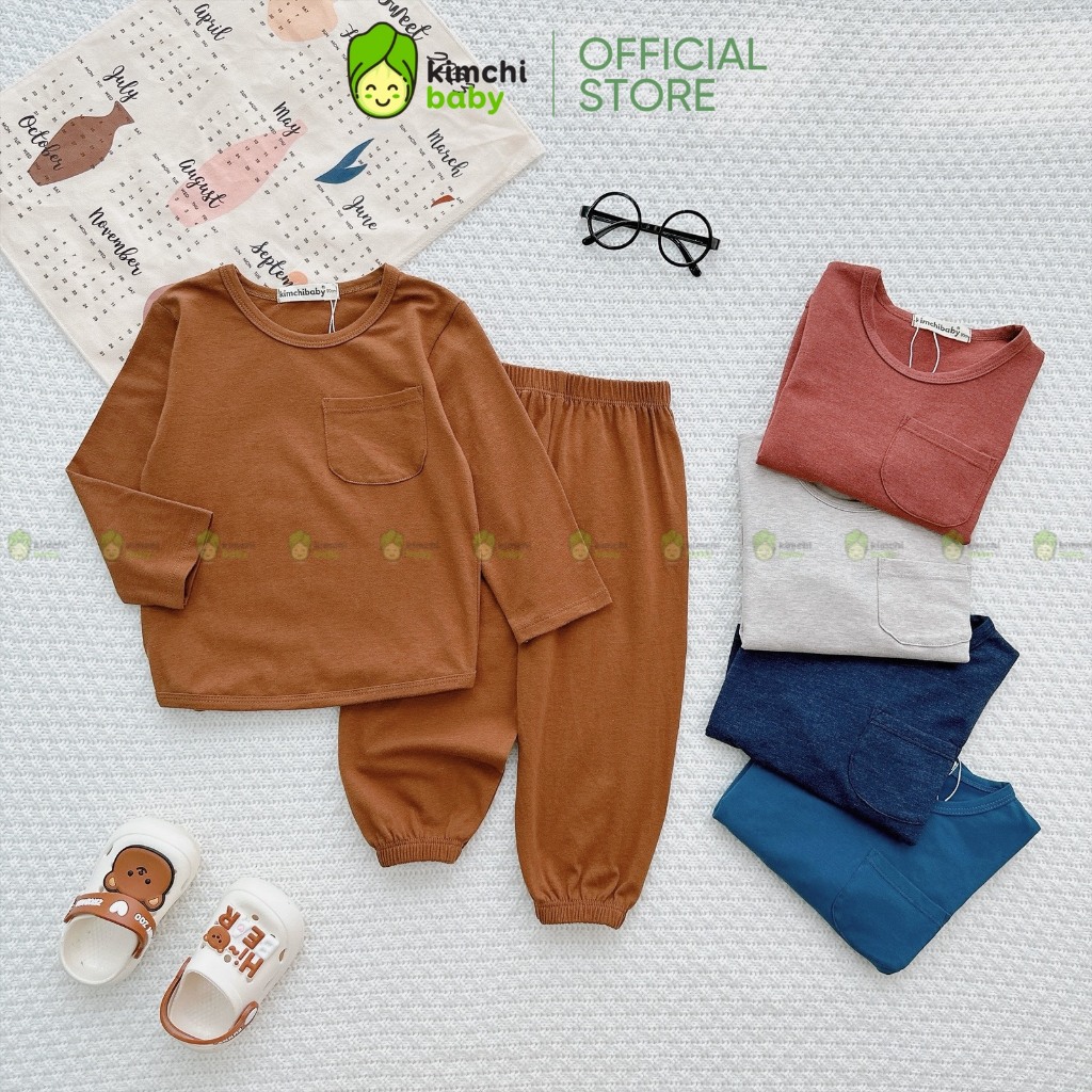 Đồ Bộ Cho Bé Trai, Bé Gái KIMCHIBABY Vải Cotton Hoạ Tiết Túi Ngực Basic, Bộ Dài Tay Cho Bé Mặc Thu Đông KCTD321