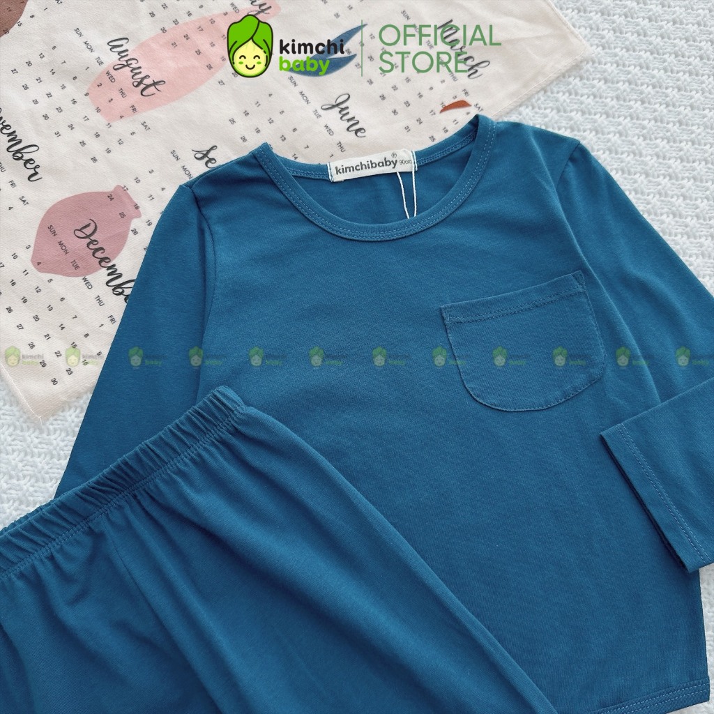 Bộ Dài Tay Cho Bé Gái, Bé Trai KIMCHIBABY Vải Cotton Hoạ Tiết Túi Ngực Basic, Đồ Bộ Cho Bé Mặc Nhà Thu Đông KCTD321