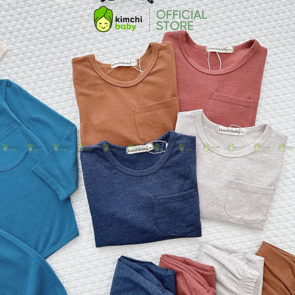 Bộ Dài Tay Cho Bé Gái, Bé Trai KIMCHIBABY Vải Cotton Hoạ Tiết Túi Ngực Basic, Đồ Bộ Cho Bé Mặc Nhà Thu Đông KCTD321