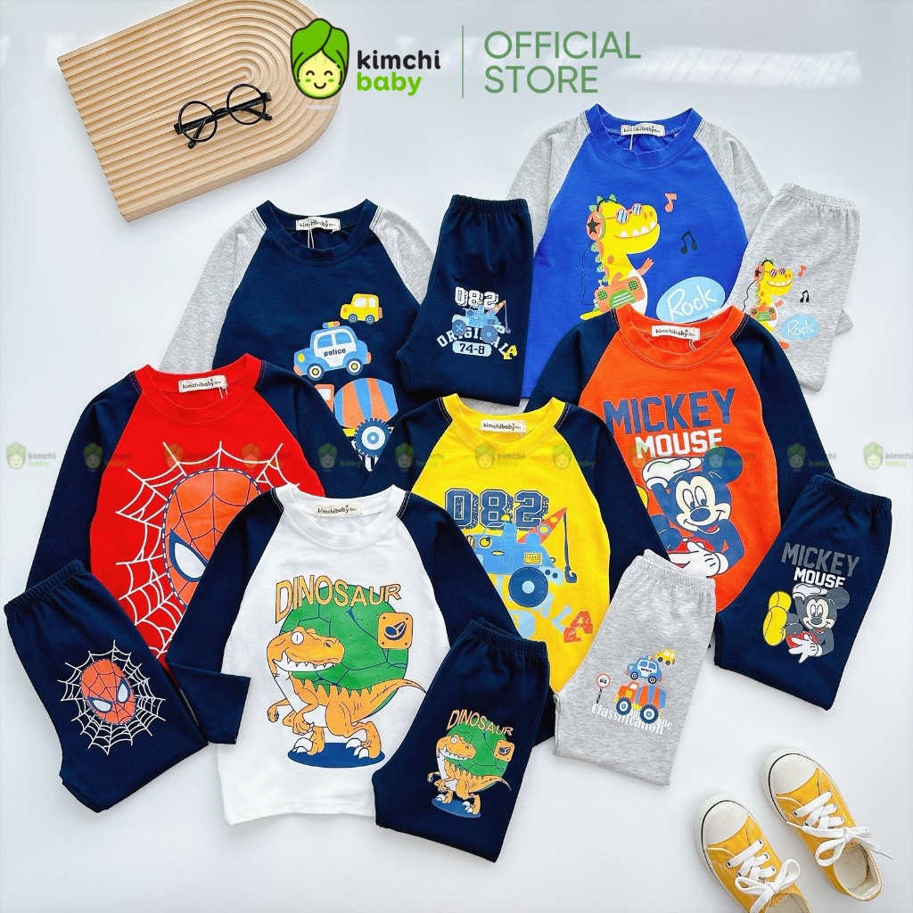 Bộ Dài Tay Cho Bé Trai KIMCHIBABY Vải Cotton Dư Xịn Hoạ Tiết Khủng Long Tay Giáp Lăng, Đồ Bộ Cho Bé Mặc Nhà KCTD320